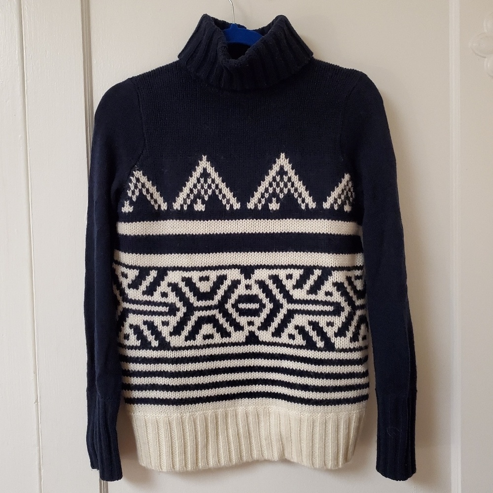 J Crew wool navy white turtleneck ski sweater XXS